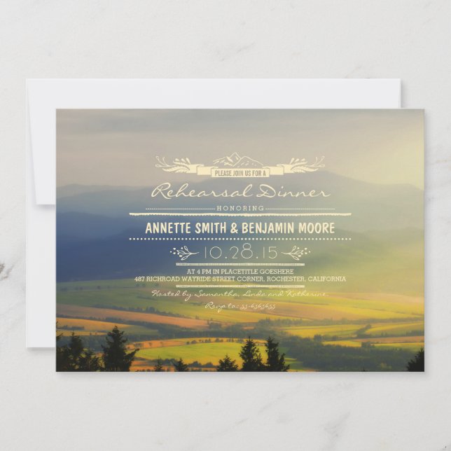 Romantic Mountains Rehearsal Dinner Invitations (Front)