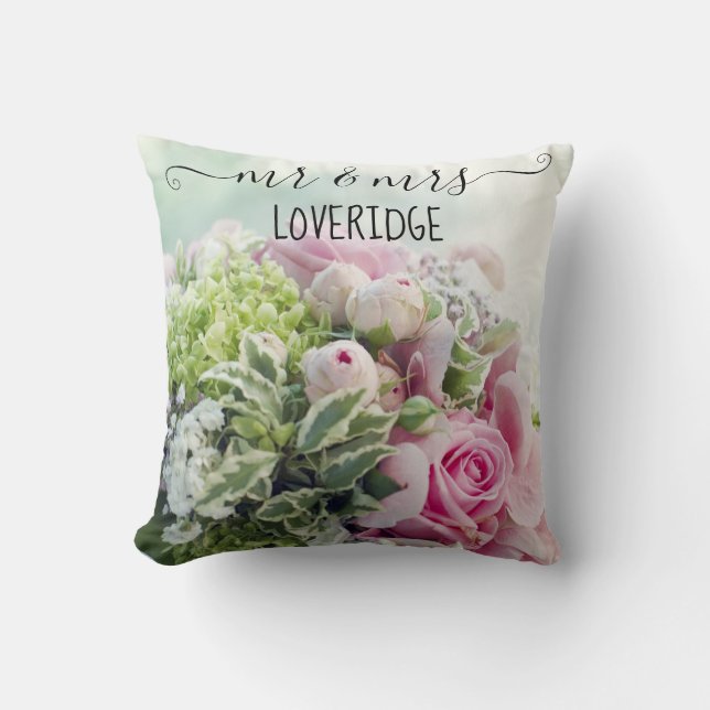 Romantic Mr. & Mrs. Pink Rose Floral Wedding Cushion (Front)
