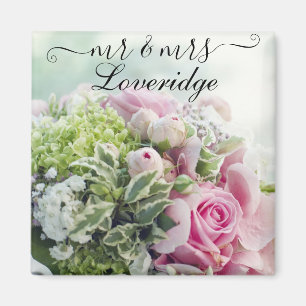Romantic Mr. & Mrs. Pink Rose Floral Wedding Magnet