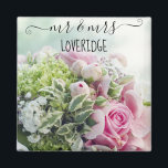 Romantic Mr. & Mrs. Pink Rose Floral Wedding Magnet<br><div class="desc">Romantic personalized Mr. and Mrs. magnet. This pretty magnetfeatures the words "mr and mrs" in an elegant black hand lettered script with curly swashes, and a pink floral rose bouquet background. You can personalize it with your surname, and even change the text color and font style using the customize option....</div>