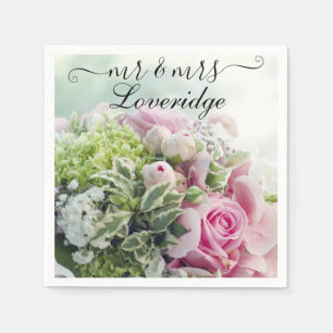 Romantic Mr. & Mrs. Pink Rose Floral Wedding Napkin