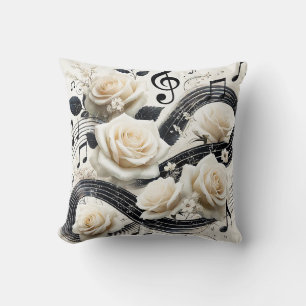Romantic Musical Rose – Elegant Cream Black Music  Cushion
