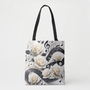 Romantic Musical Rose – Elegant Cream Black Music Tote Bag