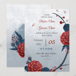 romantic navy and burgundy flowers wedding invitation