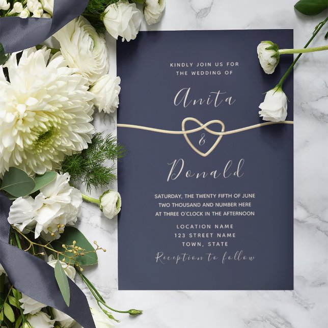 Romantic Navy and Gold Rope Heart  Wedding Invitation (Creator Uploaded)