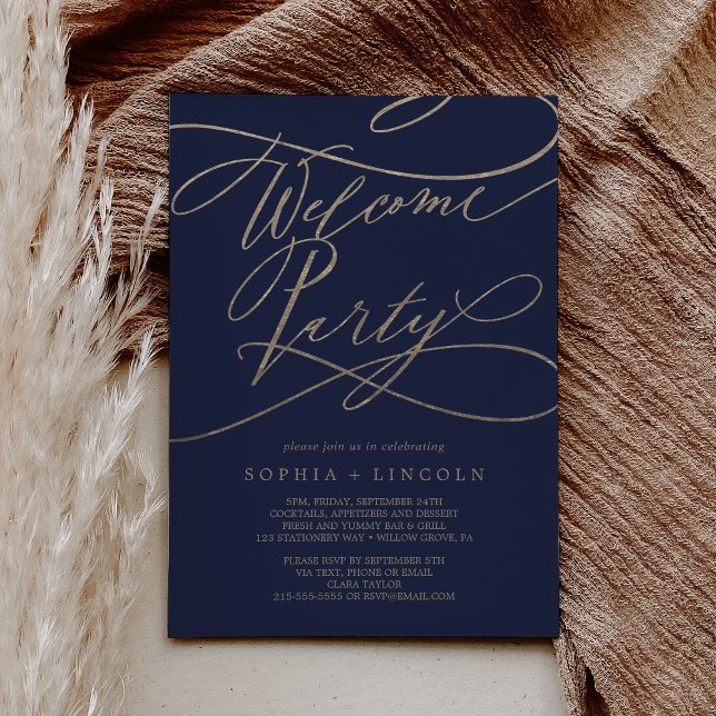 Romantic Navy and Gold Wedding Welcome Party Invitation (Romantic Navy and Gold Wedding Welcome Party Invitation)