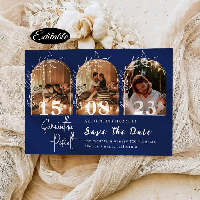 Romantic Navy Arch Save The Date Photo Collage Invitation (Creator Uploaded)