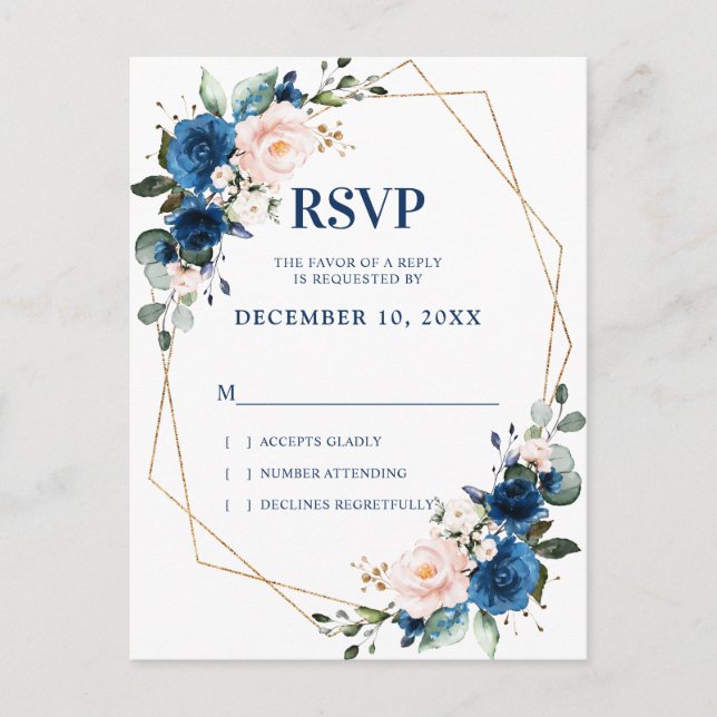 Romantic Navy Blue Blush Botanical Geometric RSVP Postcard (Front)