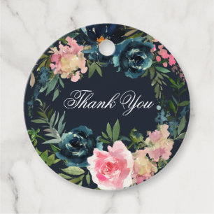 Romantic Navy Blue Blush Pink Floral Classic Round Favour Tags