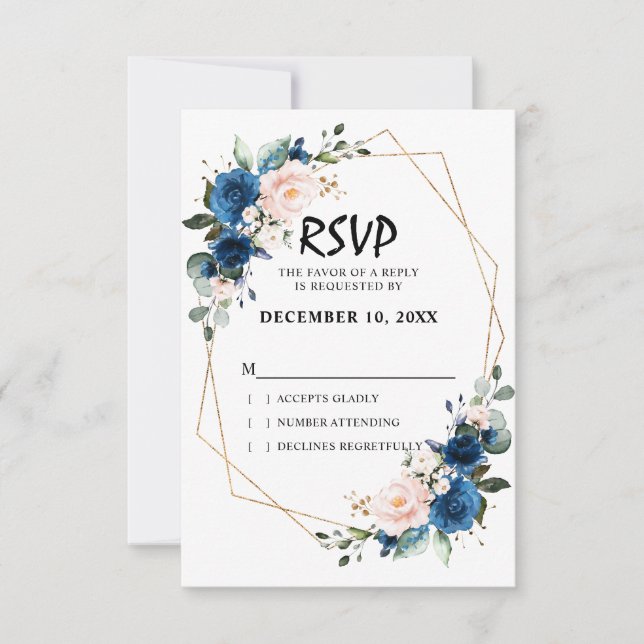 Romantic Navy blue Blush Pink Floral Geometric RSVP Card (Front)