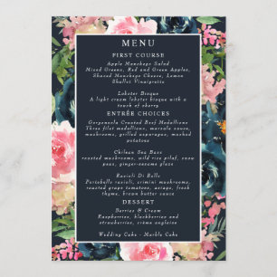 Romantic Navy Blue Blush Pink Floral Menu
