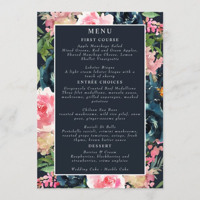 Romantic Navy Blue Blush Pink Floral Menu (Front)