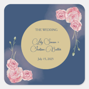 Romantic Navy Blue & Blush Pink Wedding Square Sticker