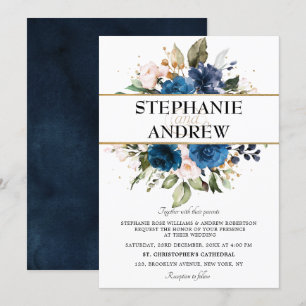 Romantic Navy Blue Blush Rose Floral Wedding Invitation