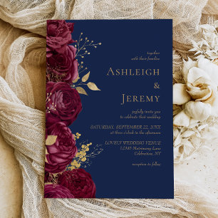 Romantic Navy Blue Burgundy Gold Floral Wedding Invitation
