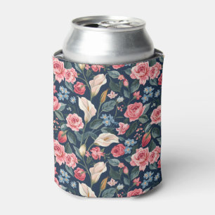 Romantic Navy Blue Floral Garden Pattern Can Cooler