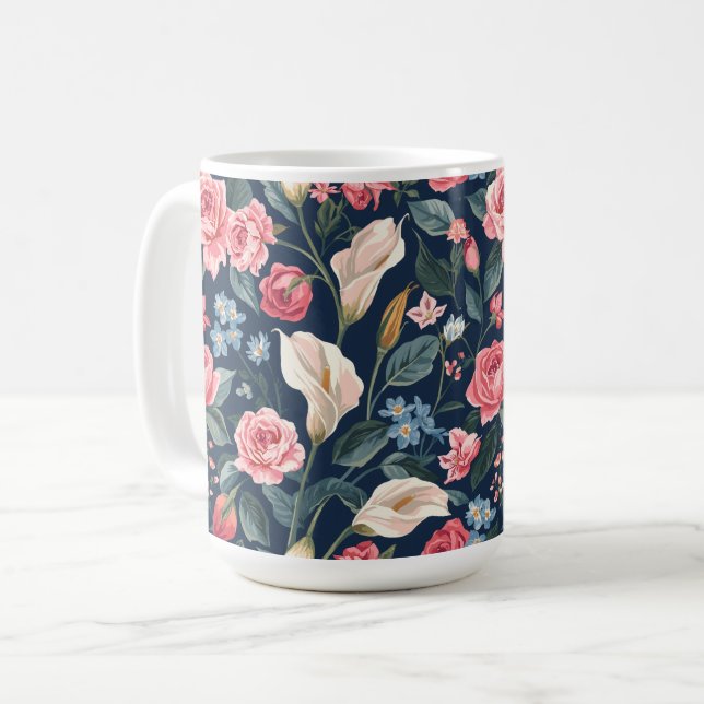 Romantic Navy Blue Floral Garden Pattern Coffee Mug (Front Left)