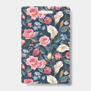 Romantic Navy Blue Floral Garden Pattern ID Badge