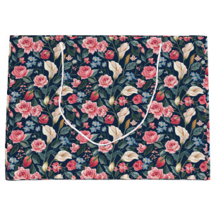 Romantic Navy Blue Floral Garden Pattern Large Gift Bag