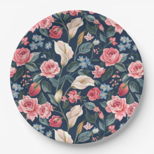 Romantic Navy Blue Floral Garden Pattern Paper Plate