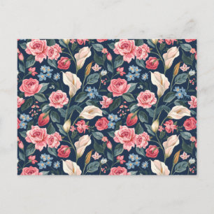 Romantic Navy Blue Floral Garden Pattern Postcard