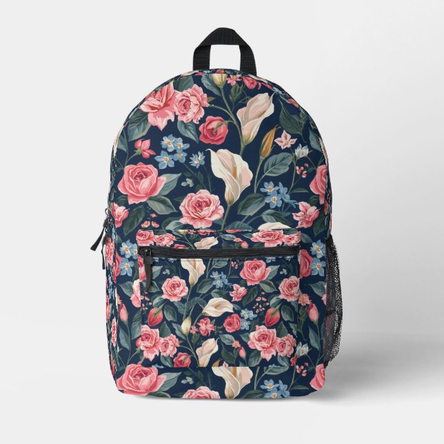 Romantic Navy Blue Floral Garden Pattern Printed Backpack (Front)