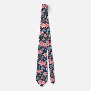 Romantic Navy Blue Floral Garden Pattern Tie