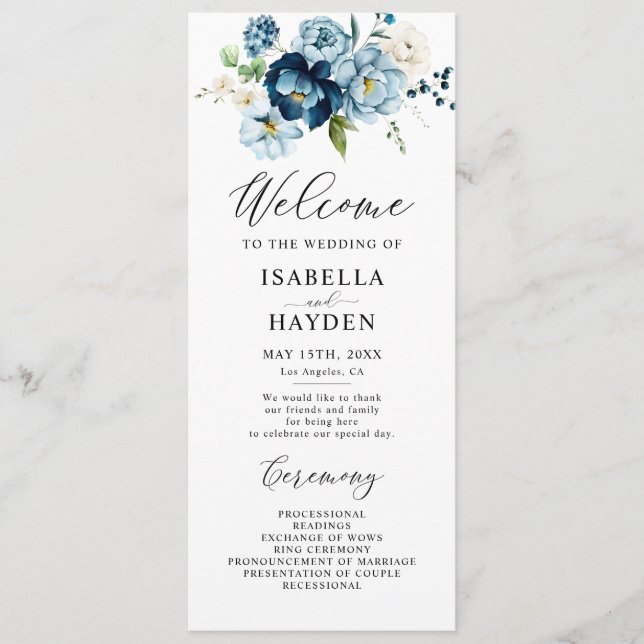 Romantic Navy Blue Floral Wedding Flat Program Programme (Front)