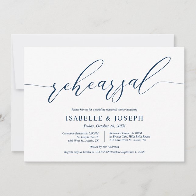 Romantic Navy Blue, Wedding Rehearsal and Dinner Invitation (Front)