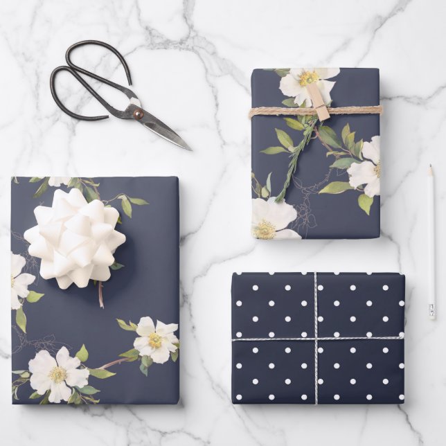 Romantic Navy Blue White Floral Bridal Shower Wrapping Paper Sheet (Front)