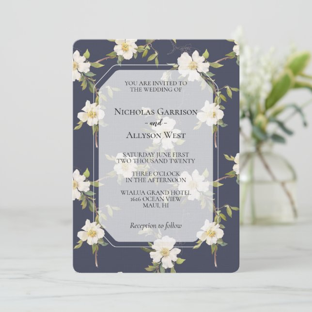 Romantic Navy Blue White Floral Wedding Invitation (Standing Front)