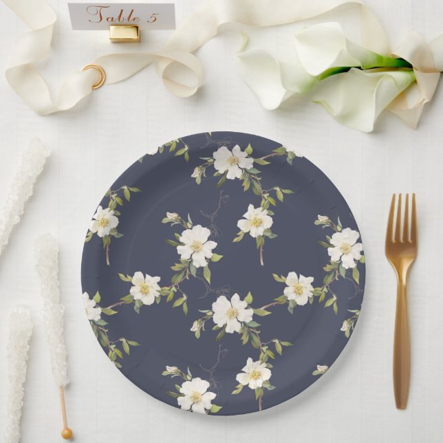 Romantic Navy Blue White Floral Wedding Paper Plate (Wedding)