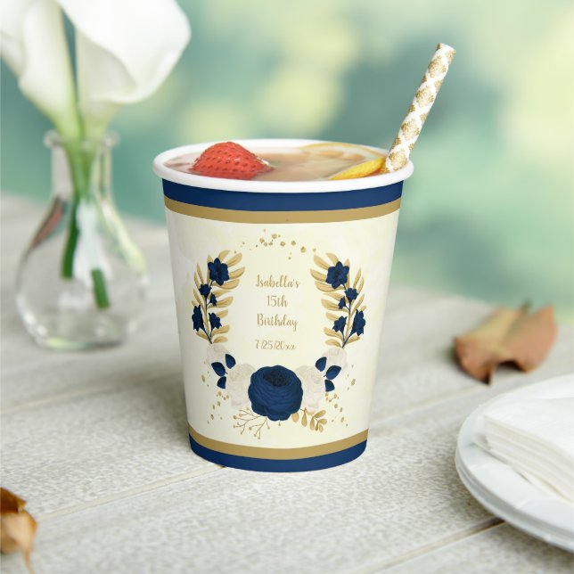 Romantic navy blue & white flowers gold paper cups (Insitu)