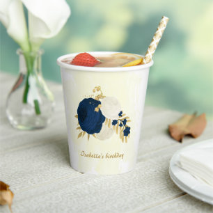 Romantic navy blue & white flowers gold paper cups
