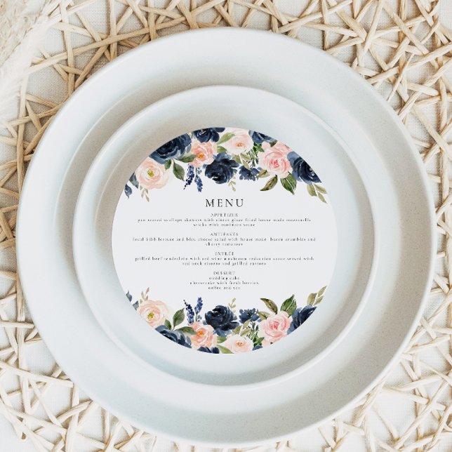 Romantic Navy Blush Floral Circle Dinner Menu Card (Creator Uploaded)