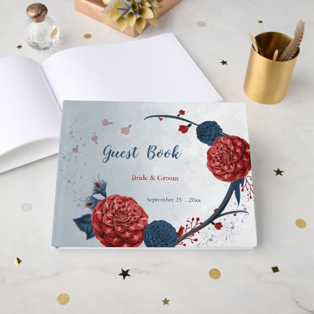 romantic navy & burgundy flowers guest book (Front Open)
