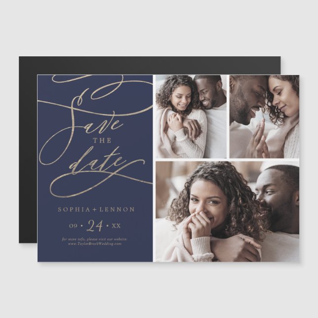 Romantic Navy Calligraphy 3 Photo Save the Date Magnetic Invitation (Front/Back)