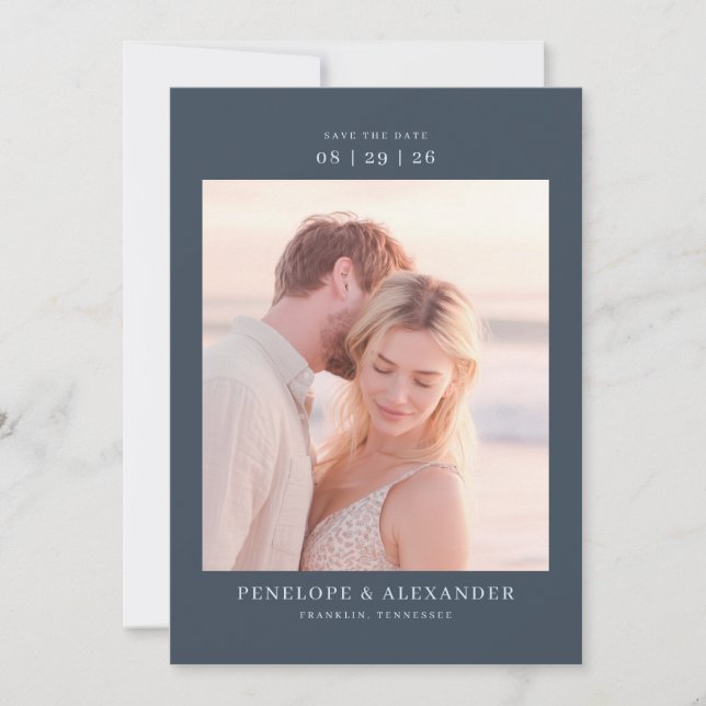 Romantic Navy Classic Photo Save The Date (Front)