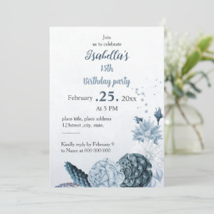 Romantic navy dusty blue flowers birthday invitation