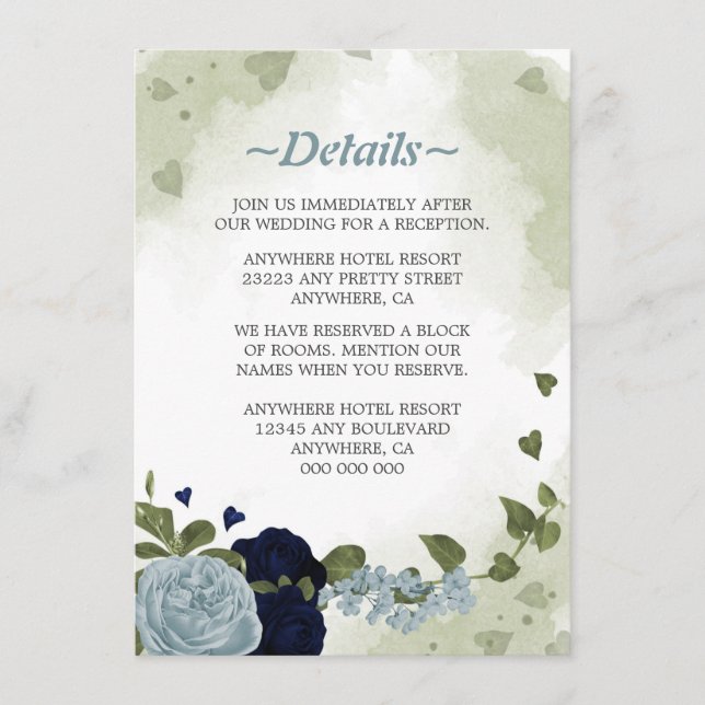 romantic navy &dusty blue flowers greenery details enclosure card (Front)