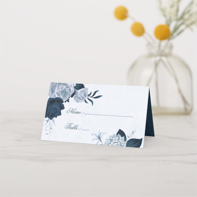 Romantic Navy & dusty blue flowers Place Card (Front)