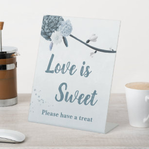 Romantic navy dusty blue flowers wedding tabletop pedestal sign