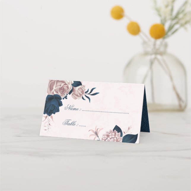 Romantic Navy & dusty rose flowers Place Card (Front)