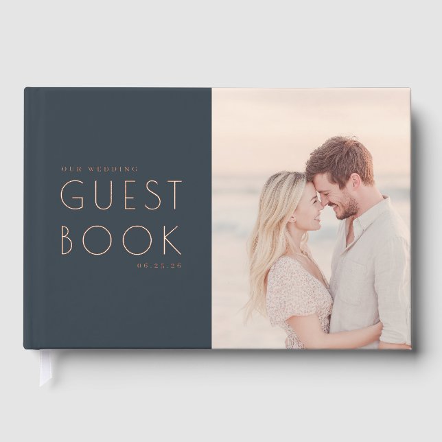 Romantic Navy Elegant Photo Guest Book (Front)