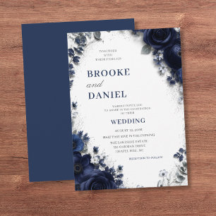 Romantic Navy Floral Wreath Silver Dust Wedding Invitation