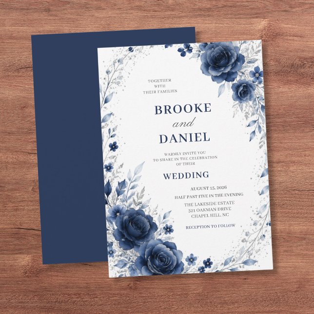 Romantic Navy Floral Wreath Silver Glitter Wedding Invitation (Creator Uploaded)