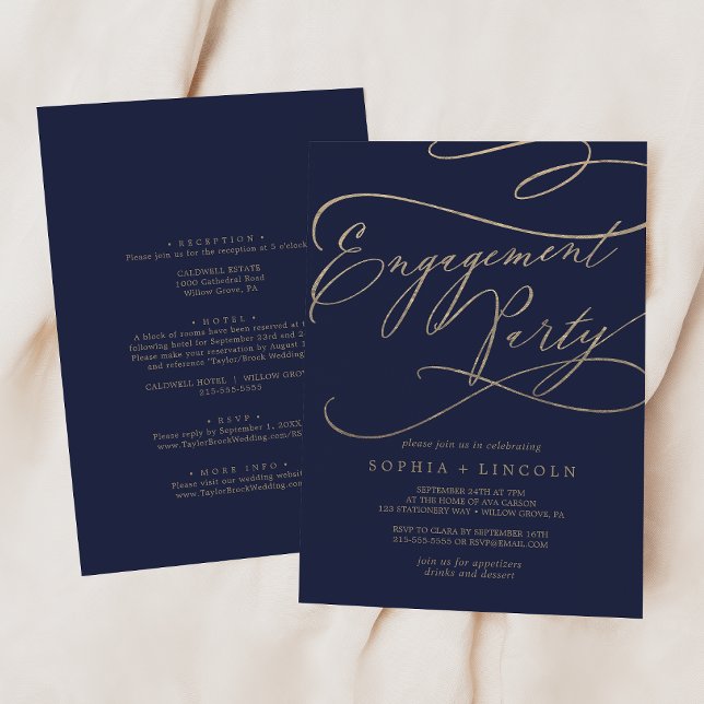 Romantic Navy Front and Back Engagement Party Invitation (Creator Uploaded)