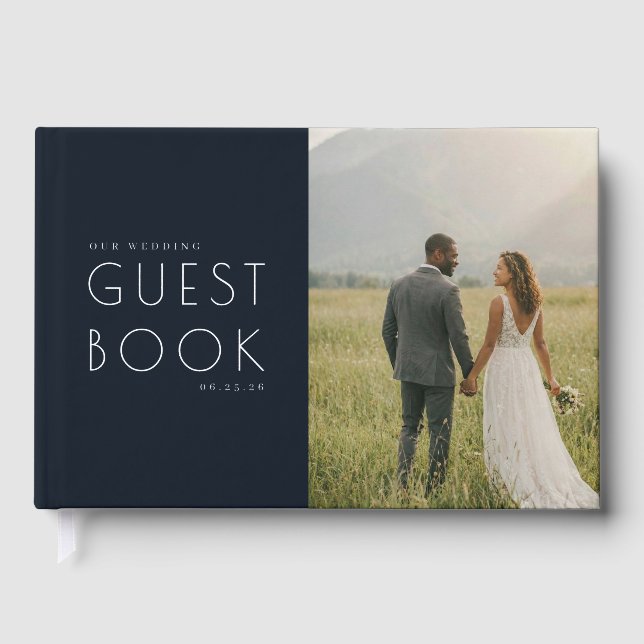Romantic Navy Minimalist Photo Guest Book (Front)