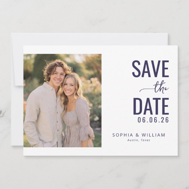 Romantic Navy Modern Photo Save The Date (Front)