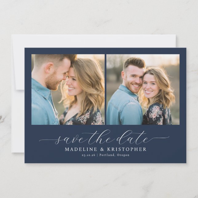 Romantic Navy Photo Collage Save The Date (Front)